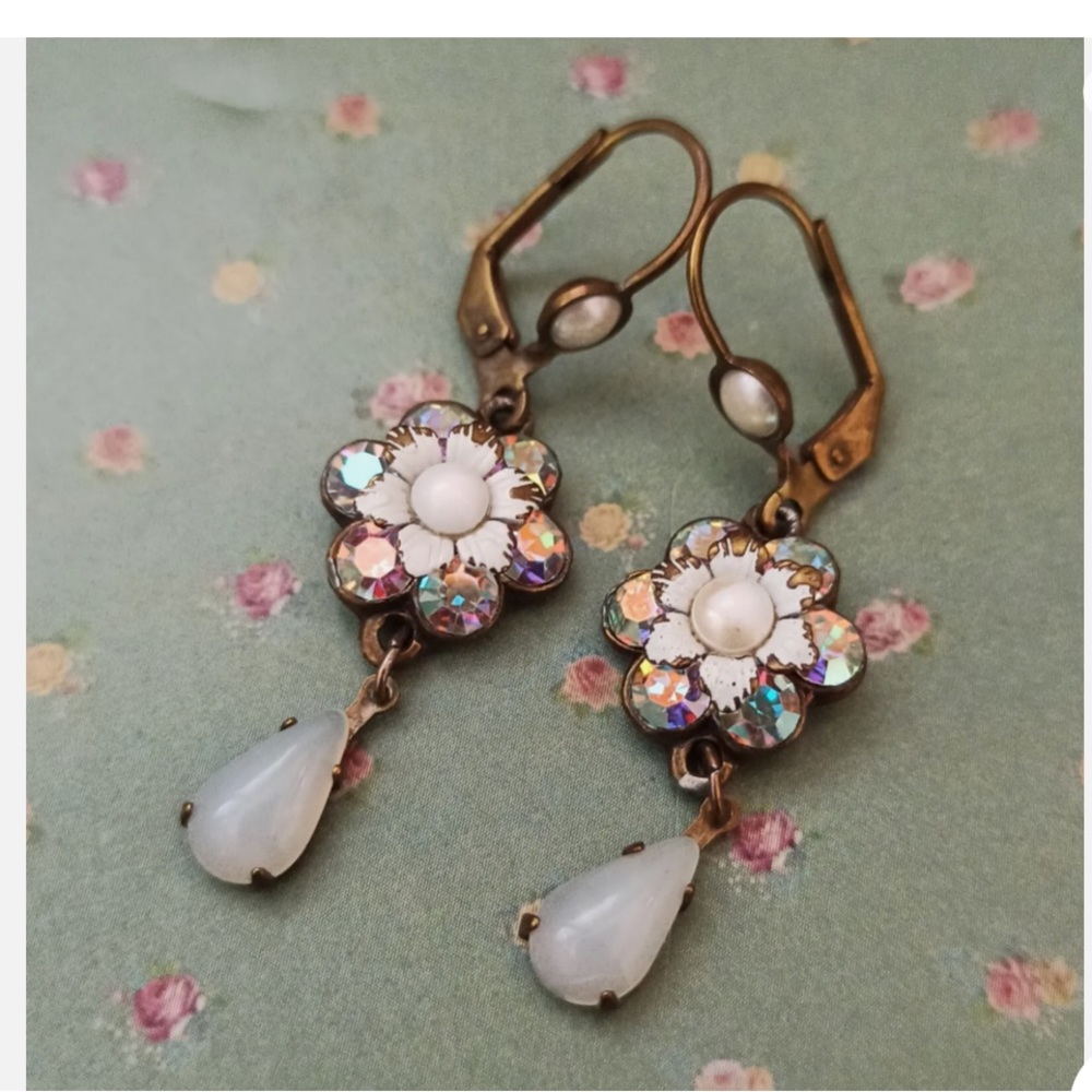 Michal Negrin Earrings Flower Teardrop & Swarovski Crystal - Picture 9 of 11